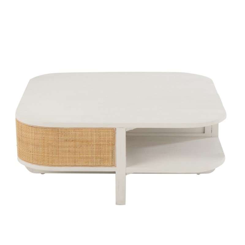 Table basse design en rotin et bois blanc DAISY