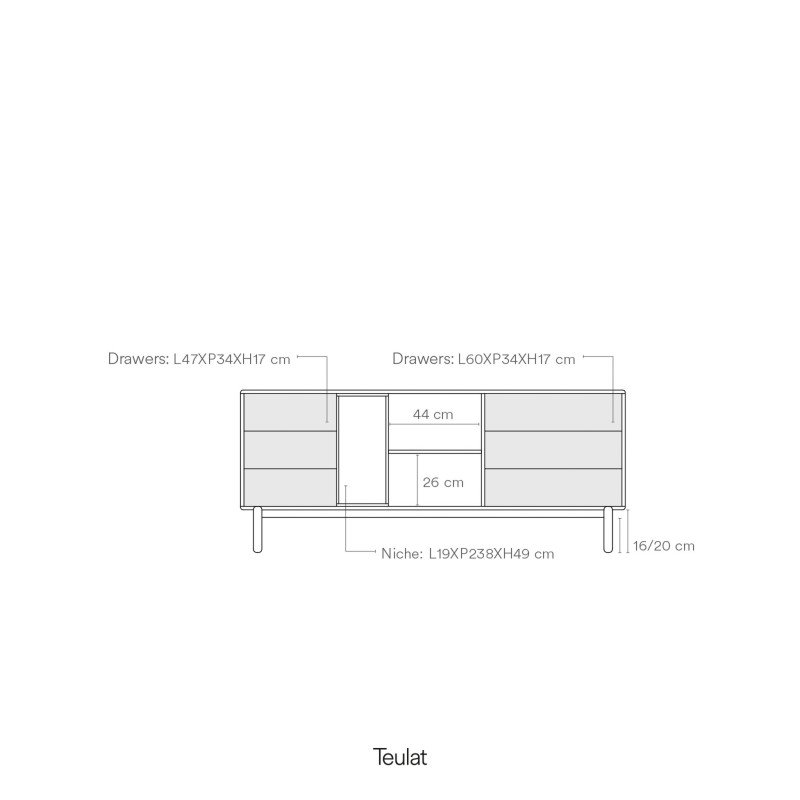 Grand buffet bas 6 tiroirs 1 porte avec niche CORVO