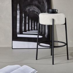 Tabouret de bar en tissu bouclé blanc pieds métal noir NEGAN