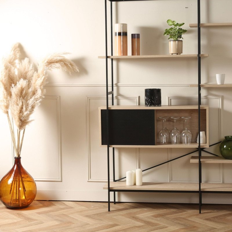 Etagère design en bois et métal noir avec placard ULKA