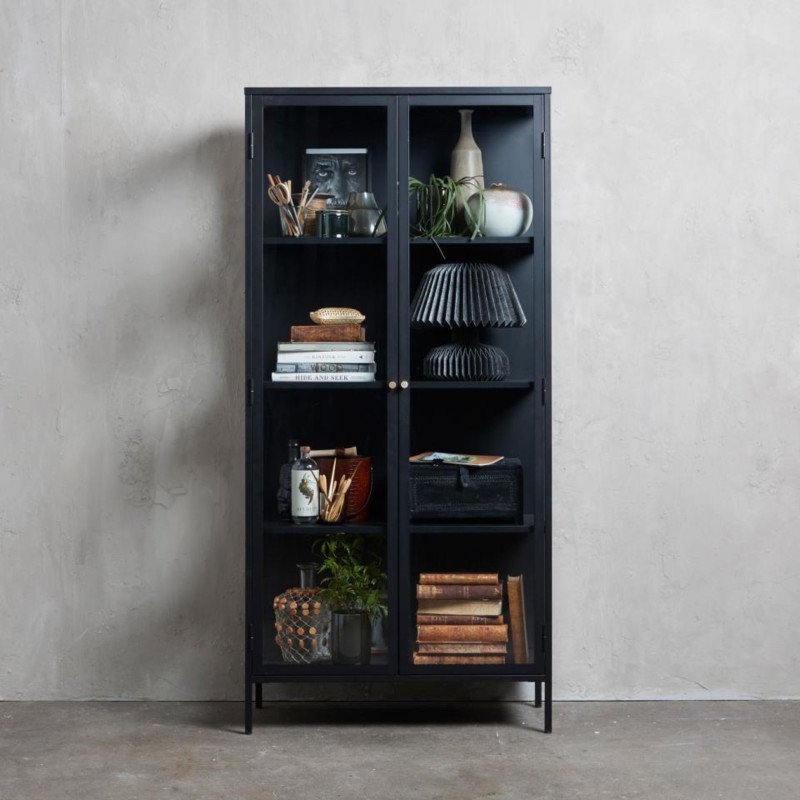 Buffet haut élégant en métal noir et portes vitrées 190cm MERLIN