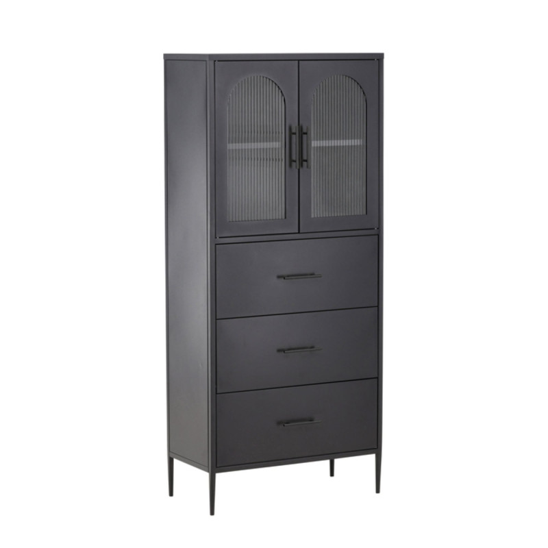 Buffet haut vitré 2 portes 3 tiroirs SARTA - Noir, Gris